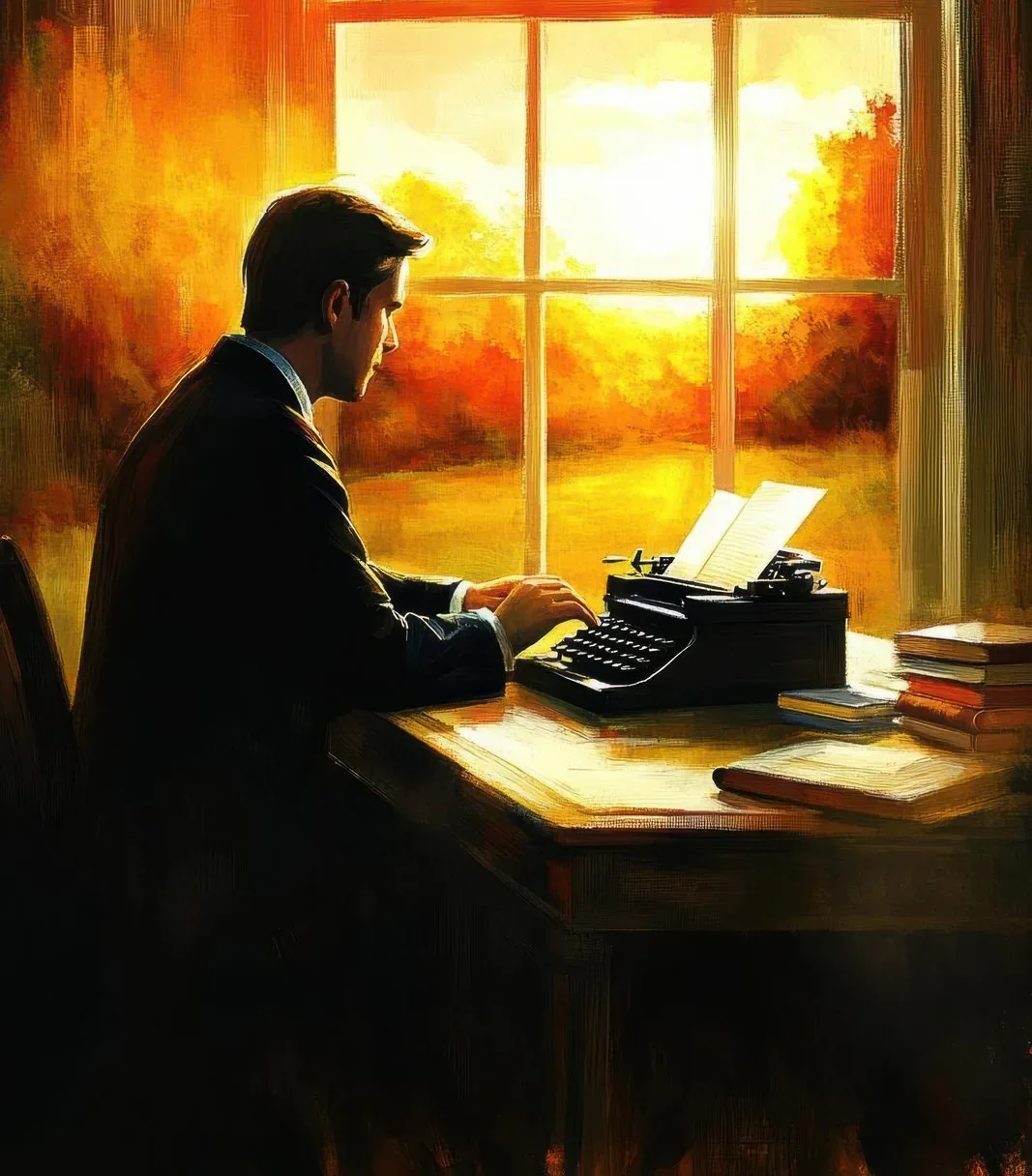 Illustration of a writer at a typewriter beside a sunlit window